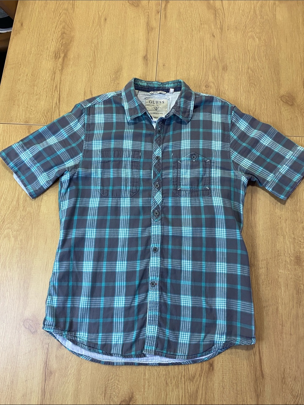GUESS Men’s Teal and Grey Plaid Short-Sleeve Button-Down Shirt